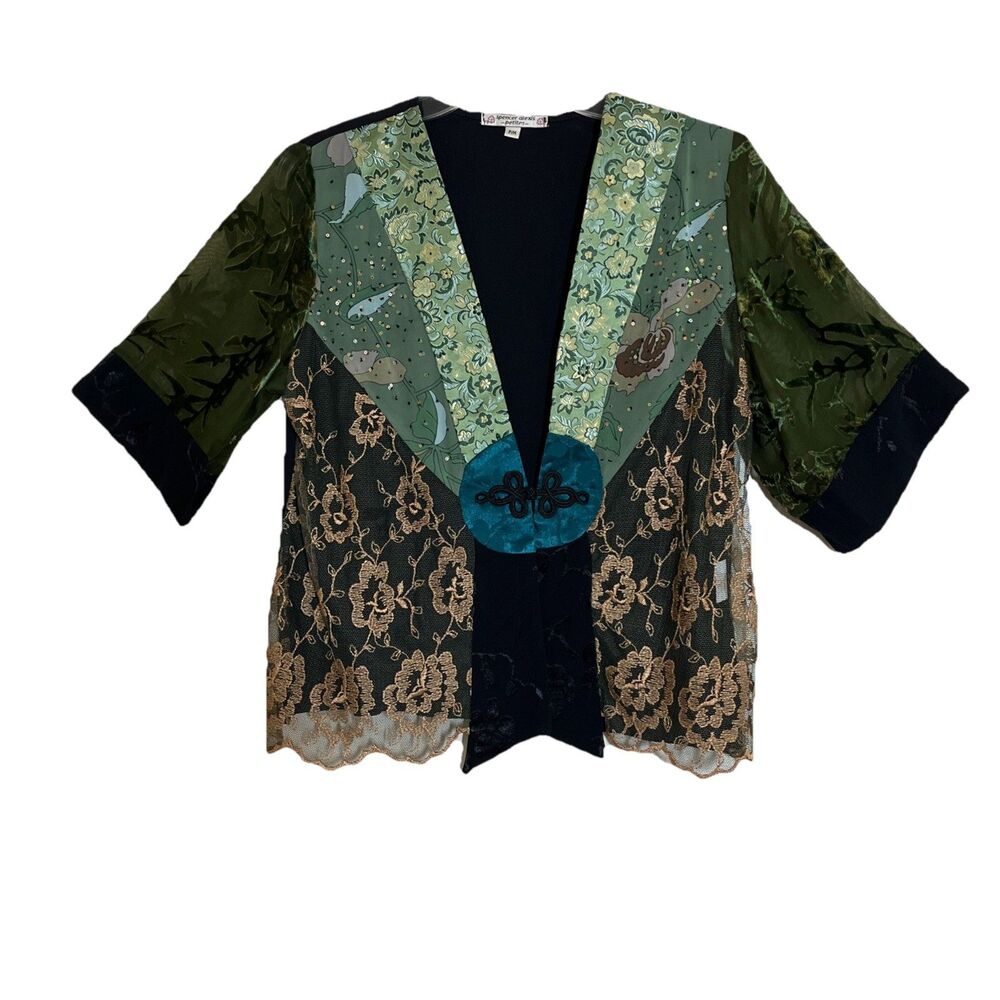 Vintage Spencer Alexis Kimono Jacket Womens PM Black Gold Floral Artsy Romantic